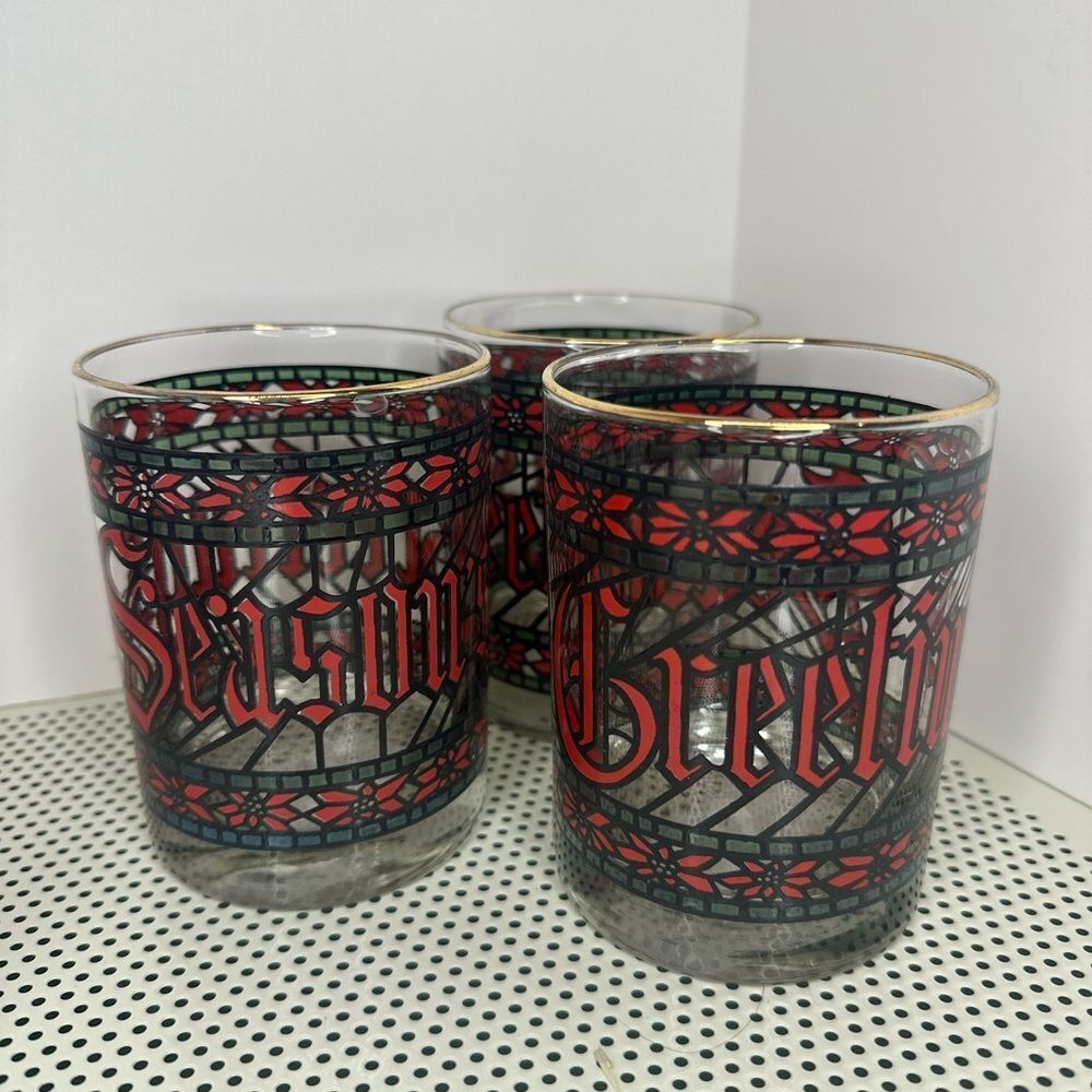 VTG 1970's Houze "Seasons Greetings" Lowball Rock Old Fashioned Glasses Set of 4